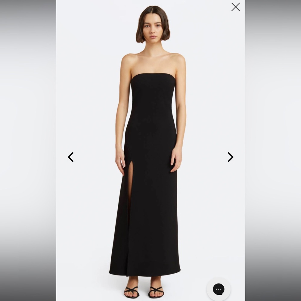 Bec & Bridge Strapless black maxi dress, thigh-high split.
NEW WITH TAGS.